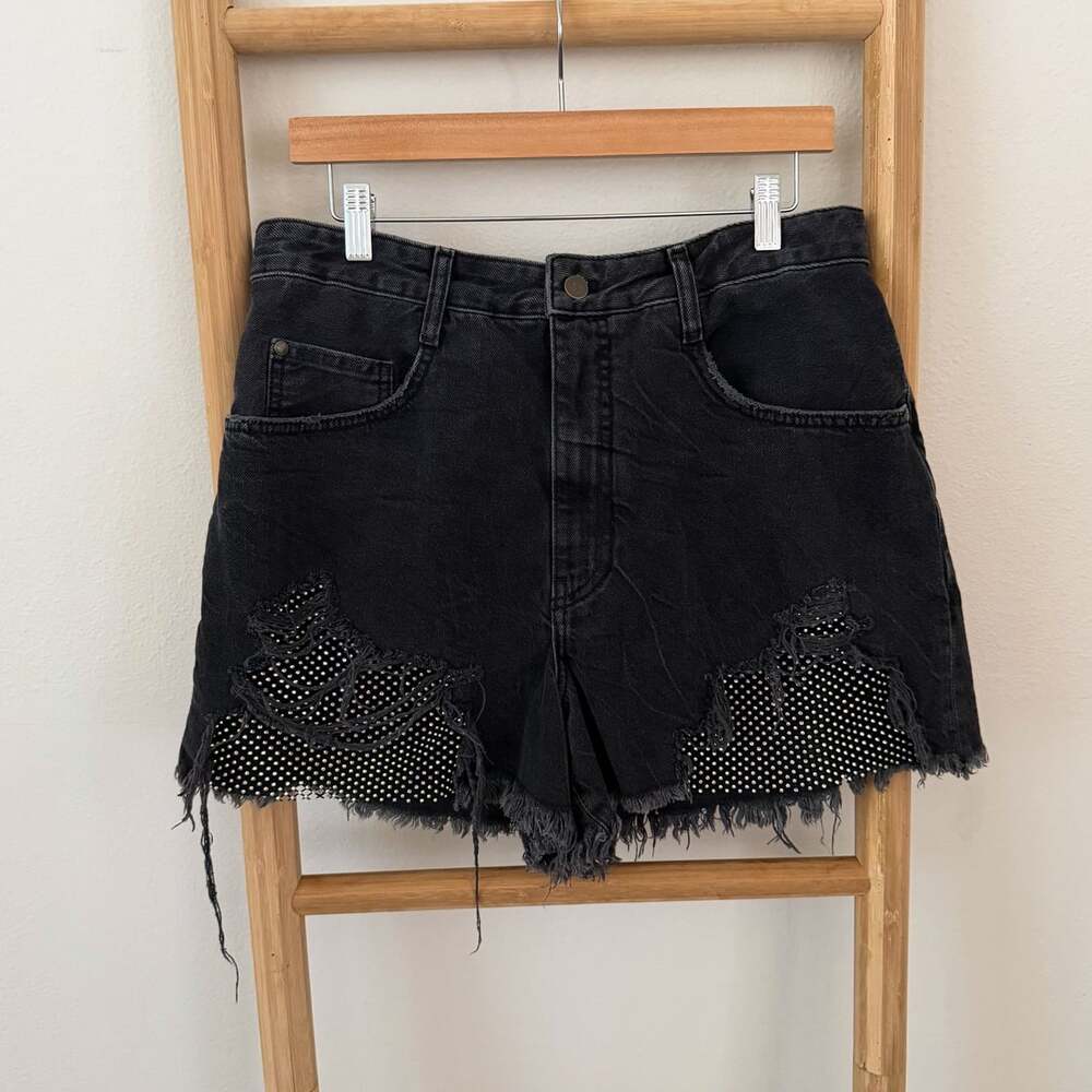 Pilcro Anthropologie Black Denim Shorts 32 Rhinestone Distressed High Rise